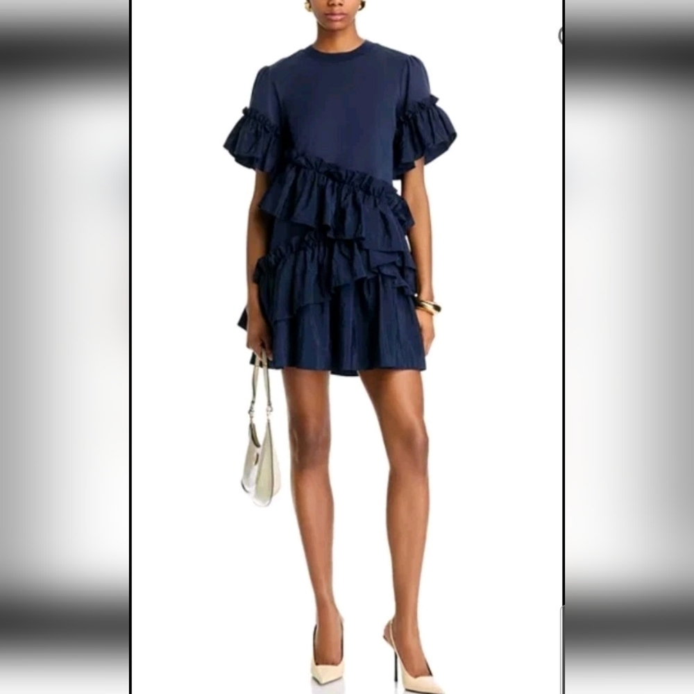 Cinq A Sept Womens Navy Tiered Ruffled Art To Wear Luxury Midi Kendria Dress M